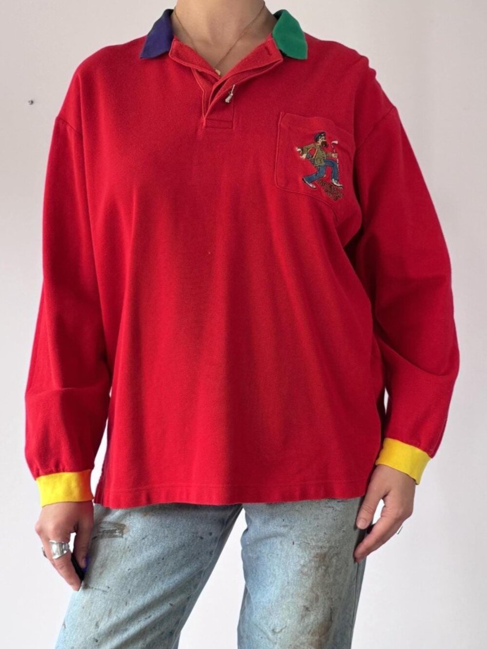 90s vintage Made in Japan red colorblock novelty golf collared cotton shirt